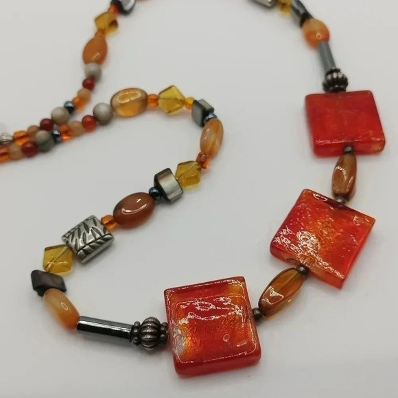 Aztec Boho Glass Polish Beads Necklace Silver Tone - Picture 2 of 6